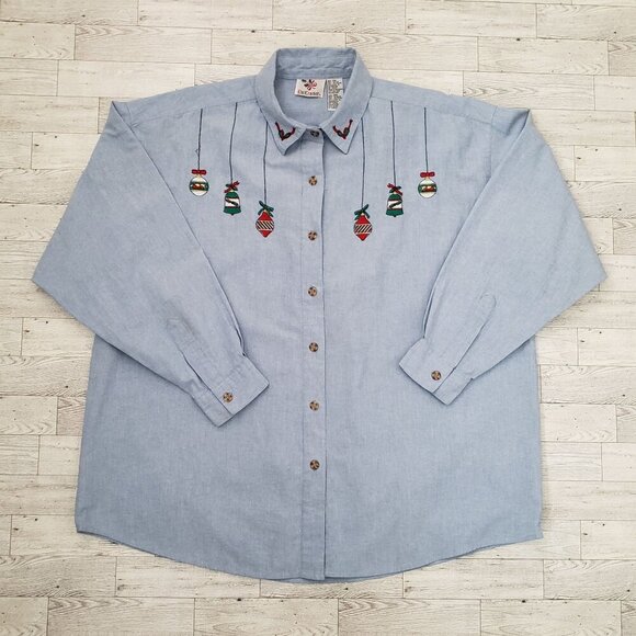 VTG NutCracker Denim Shirt Embroidered Ornaments Teachercore Holiday Womens 18W - Picture 5 of 12